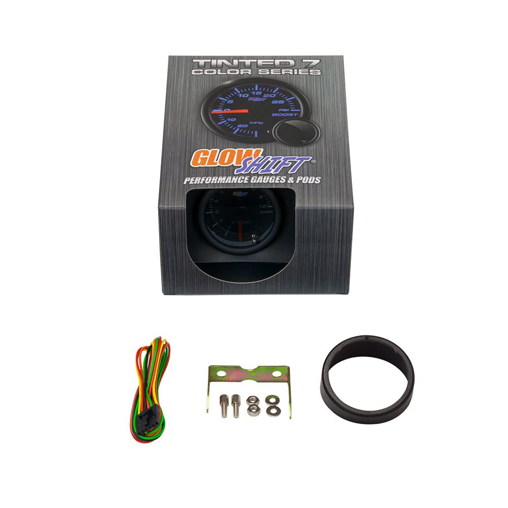GlowShift Tinted 7 Color 10,000 RPM Tachometer Tach Gauge - for 1-10 Cylinder Gas Powered Vehicle Engines - Includes Wiring - Multi-Color Display - Black Dial - Smoked Lens - 2-1/16" 52mm