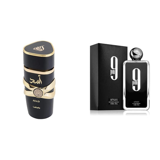 Lattafa Asad Eau de Parfum Spray 3.4oz and Afnan 9 PM Eau de Parfum Spray 3.4oz Fragrance Bundle for Men and Women