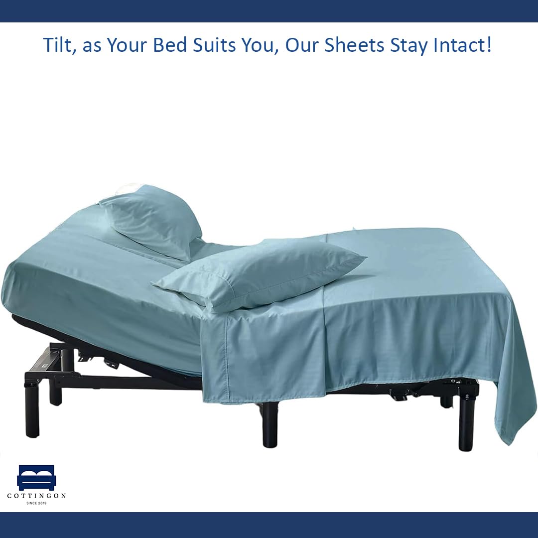 Cottingon 4 Piece Flex Head King Sheet Set, Top 34 Inch Split Sheets for Sleep Number Adjustable Beds, Soft Breathable 100% Egyptian Cotton, Fits Upto 16" Deep Mattress 78"X80"+ 34", Light Blue