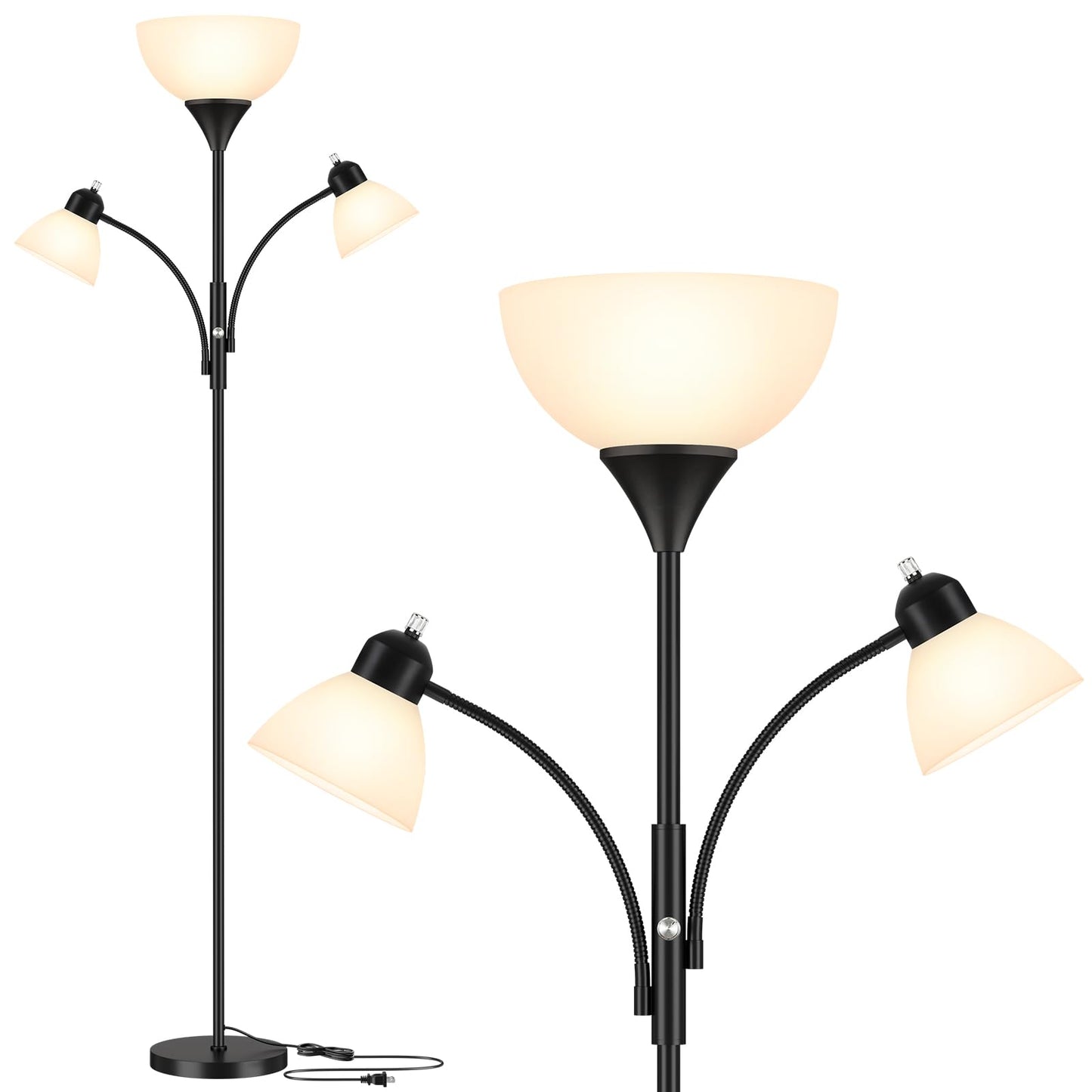 Coucrek Torchiere Floor Lamps for Living Room,72" Dimmable Lamp with 2 Adjustable Reading Lights for Bedroom, Black Tall Standing Room Lamp, 3 Bulbs Included