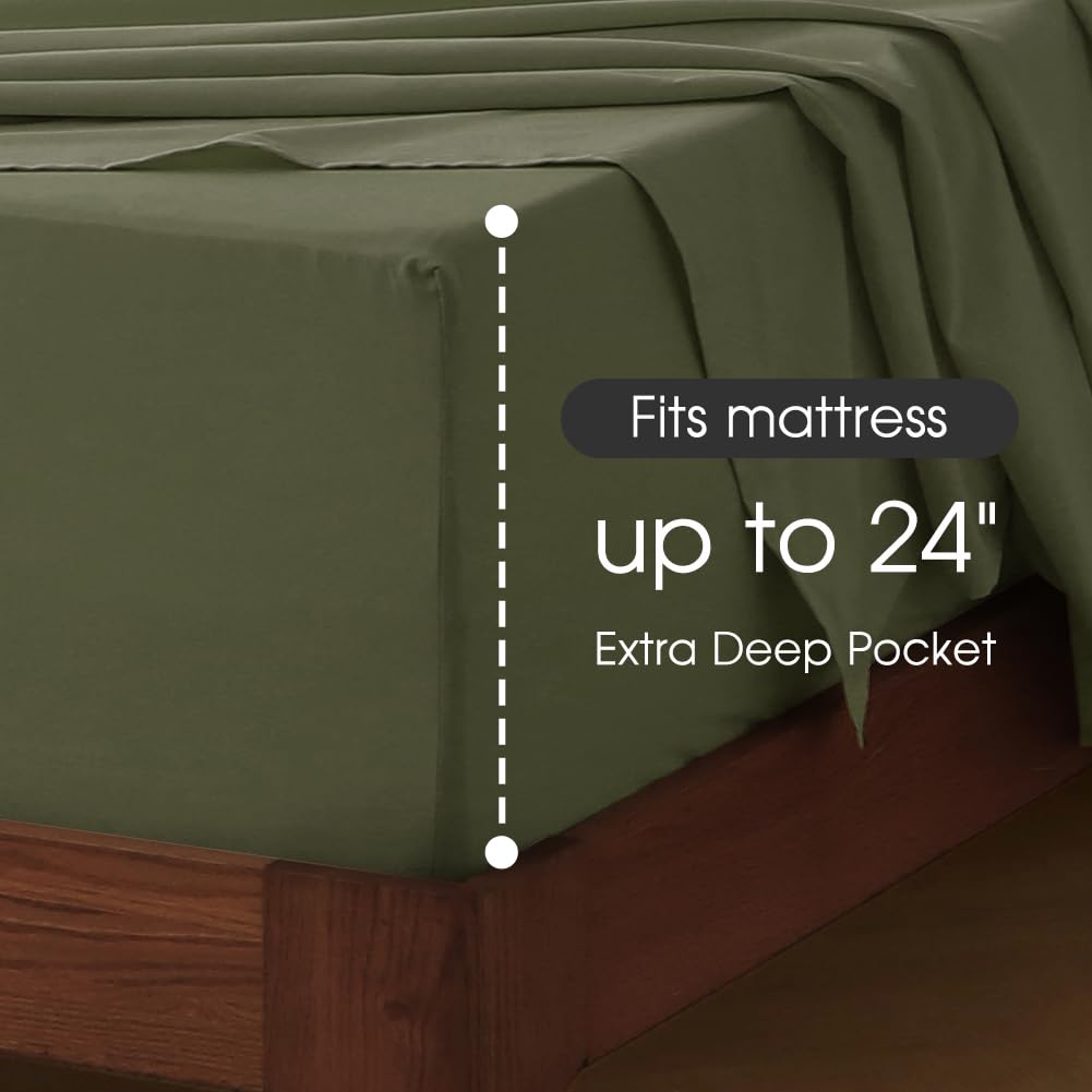 HYPREST Deep Pocket Queen Sheet Sets Fits 18"-24" in Deep Mattress -100% Cotton Queen Sheet Set,Green Hotel Crisp Soft Cooling Sheet Sets for Queen Bed