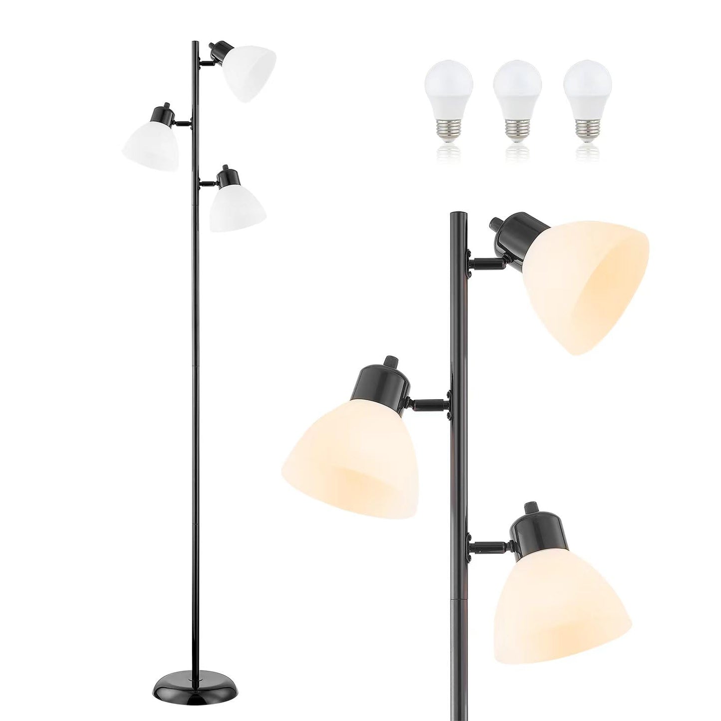 LTGSRC Modern Tree Floor Lamp for Living Room Bedroom, Tall Pole Standing Lamps with 3 Adjustable Rotating Heads for Office, Decor Corner, Reading Indoor, 3 Bright Lights LED Bulbs Included (Black)
