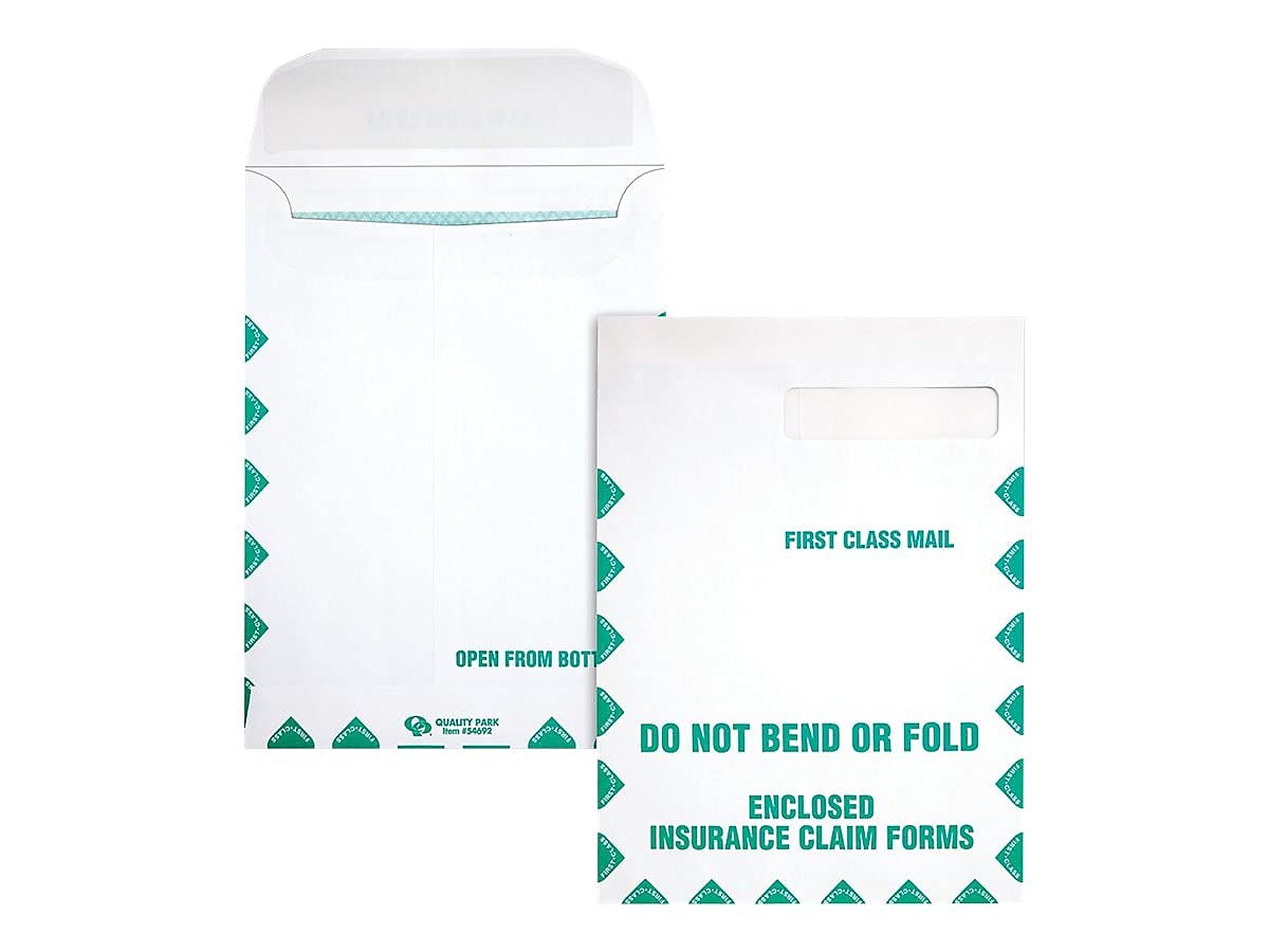 Quality Park Health Claim Insurance Envelopes, with Security Tint and First Class Border, for Medicare Form HCFA-1508 and other Healthcare Forms, 28 lb. White Wove, 100/Box (QUA54692)