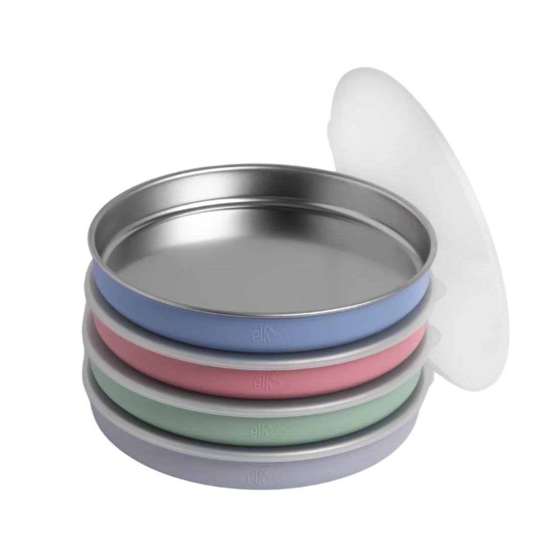 Elk and Friends 7.8” Stainless Steel Non Divided Plates with Silicone Sleeve + Storage Lid | Baby, Toddler, Kids | Dishwasher Safe | Dinner & Snack Plates | 4 Pack