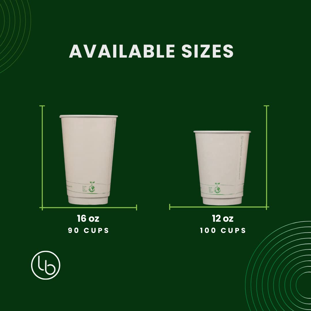 LB [ 12oz - 100 Pack ] Certified Compostable Coffee Cups by Living Balance | 100 compostable coffee cups with Integrated Sleeves | Leak Proof, BPA-Free, Sturdy & Biodegradable | Events, Home & Shops