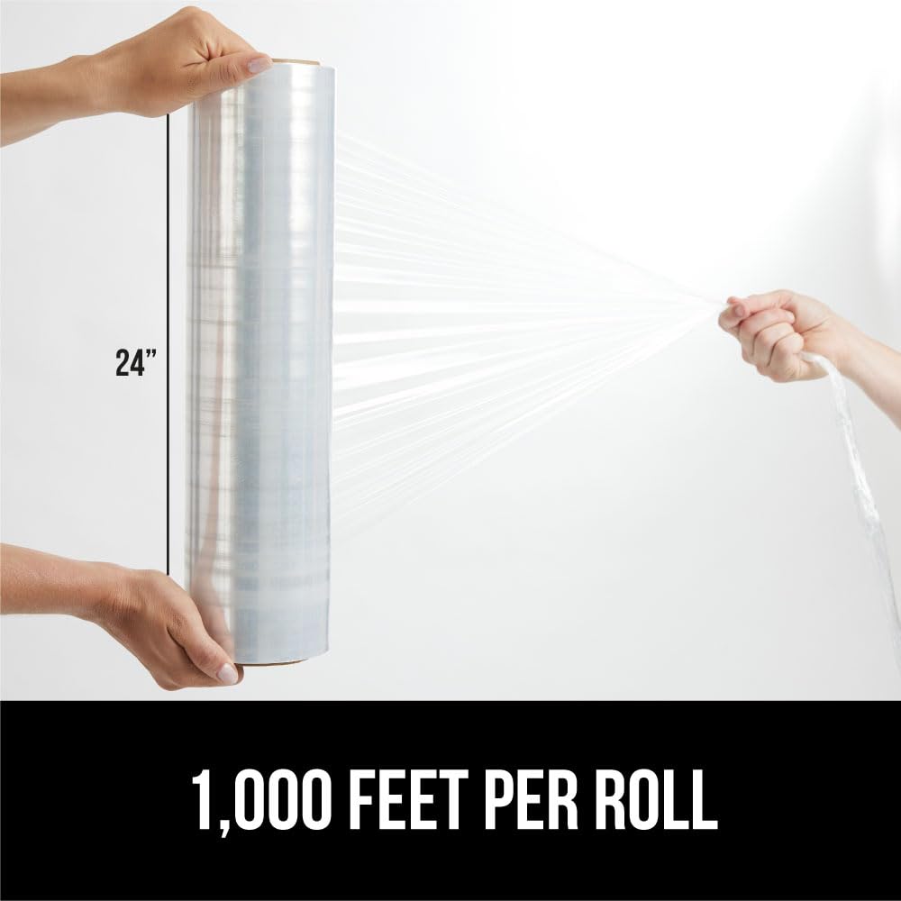 GORILLA GRIP 500% Stretch Film Heavy Duty Plastic, 1000ft Shrink Wrap Roll 24" Puncture Resistant, Industrial Strength for Shipping, Pallet Storing, Moving, Packing Furniture Protection 1 Pack Clear