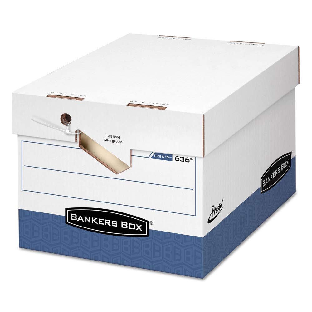 Bankers Box Presto Storage Boxes, Ergonomic Handles, Letter/Legal, 15" x 12" x 10", 60% Recycled, White/Blue, Pack of 12