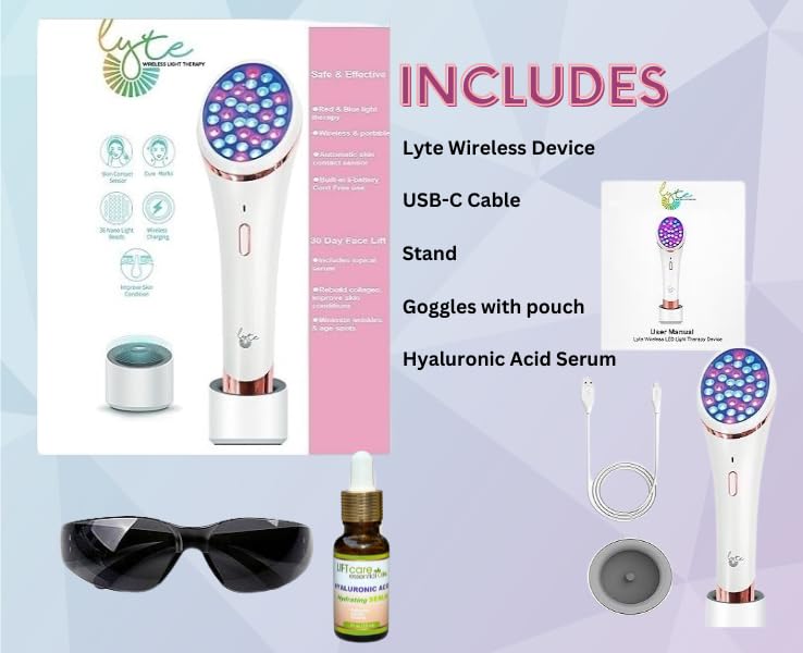Lyte Wireless Duo LED Light Therapy Red & Blue Light Therapy Wand for Face Includes Hyaluronic Serum w/Automatic Sensor Wrinkle Reduction Facial Handheld Tool