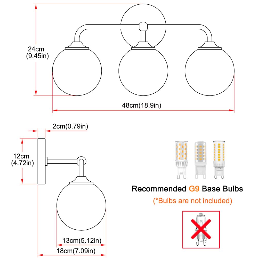 Modern Brushed Gold 3-Lights Vanity Light Fixtures with Milky White Glass Ball Shades, Mid Century Brass Wall Sconce Lighting Fixtures over Mirror, Wall Sconces for Bathroom Dressing Table Bedroom