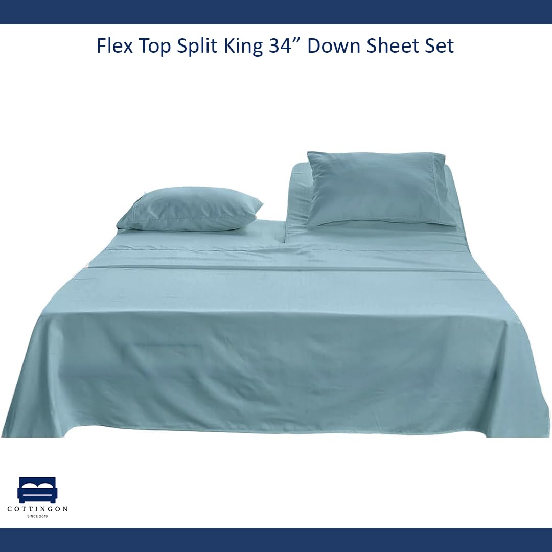 Cottingon 4 Piece Flex Head King Sheet Set, Top 34 Inch Split Sheets for Sleep Number Adjustable Beds, Soft Breathable 100% Egyptian Cotton, Fits Upto 16" Deep Mattress 78"X80"+ 34", Light Blue