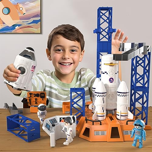 Rocket Launcher Space Shuttle Toys for Kids Boys Age 3 4 5 6 7 8 9 Years Old, 2-in-1 STEM Building Aerospace Toys with Rocket Launcher for Indoor Outdoor, Spaceship Toys Birthday Gift for Boys Girls