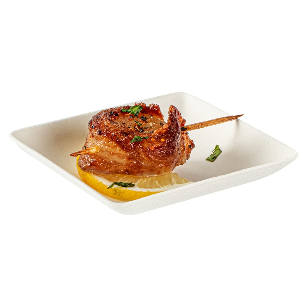Restaurantware Pulp Safe No PFAS Added 2.6 x 2.6 Inch Mini Square Plates 100 Disposable Plates - Home Compostable Microwavable And Freezable White Bagasse Plates For Hot And Cold Foods