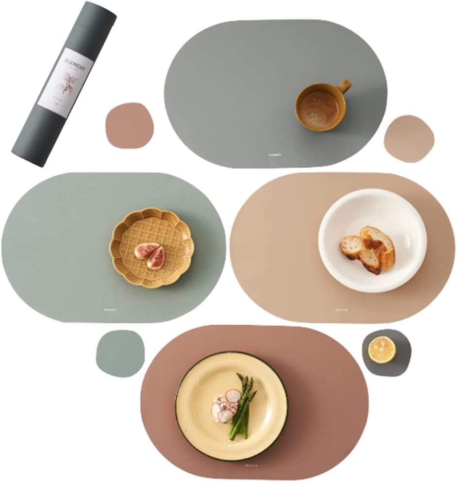 Placemat, Silicone Placemat Set of 4, Non-Slip, Oil Proof, Water Proof, Heat Resistant, Stain Resistant, Easy to Clean, Leather Texture, Oval, (Matt Combo + Coasters)