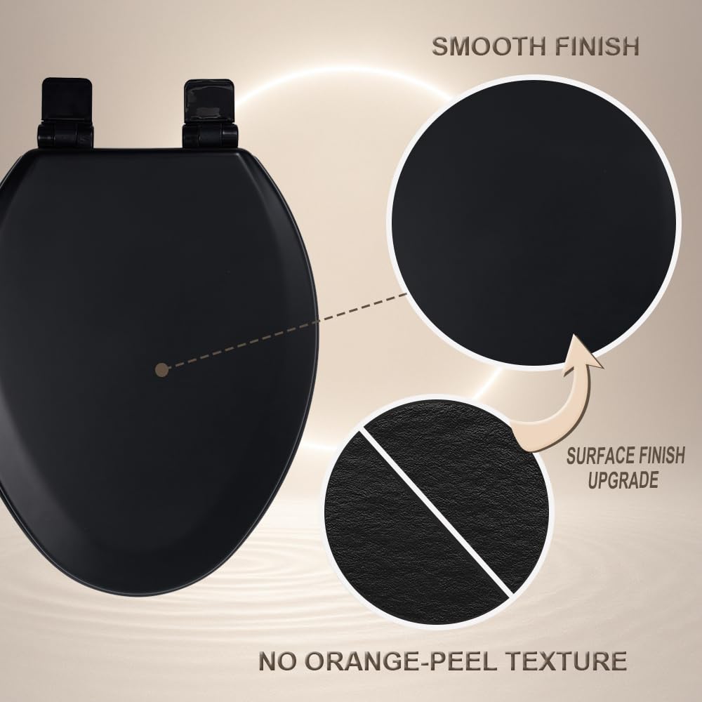 Toilet Seat, Slow Close, Soft Touch, Ultra-Smooth Matte Finish (No Orange-Peel Texture), Premium Moulded Wood, Quick Release, PIKLiDS (Black, Elongated)