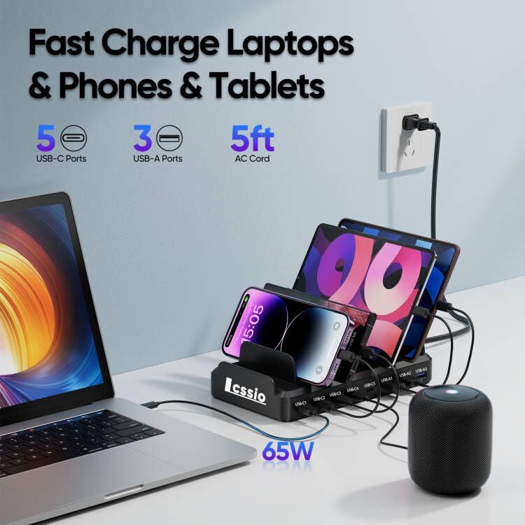 300W USB C Charging Station for Multiple Devices, 8 Port Multi Device Fast Charging Station for MacBook iPhone 15 Phone iPad Tablets Black (6 Mixed Short Cables Included)