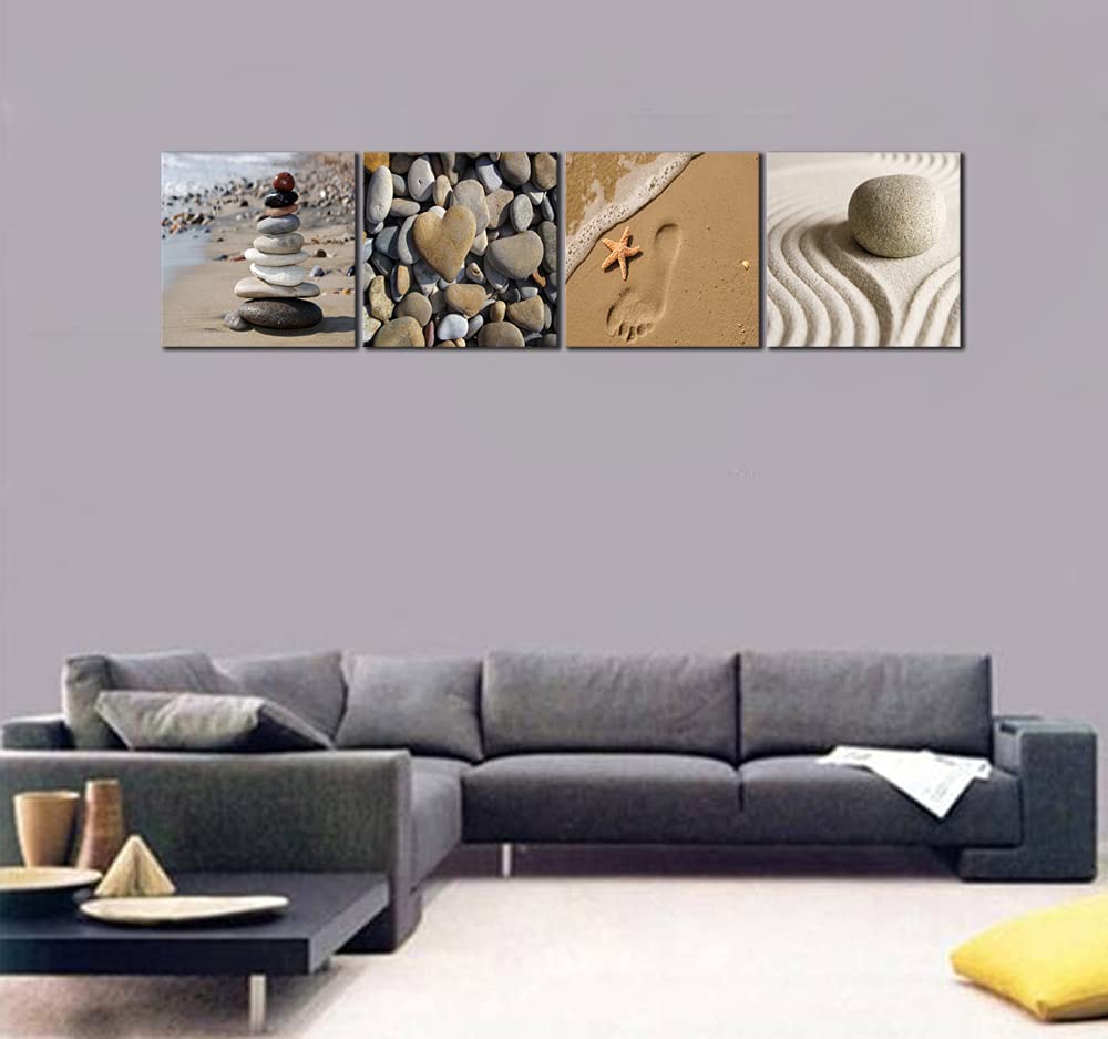 Wieco Art Canvas Prints Wall Art Romantic Beach Theme Zen Stone Pictures Paintings for Living Room Kitchen Home Decor Large Modern 4 Panels Stretched and Framed Seascape Sea Beach Artwork L
