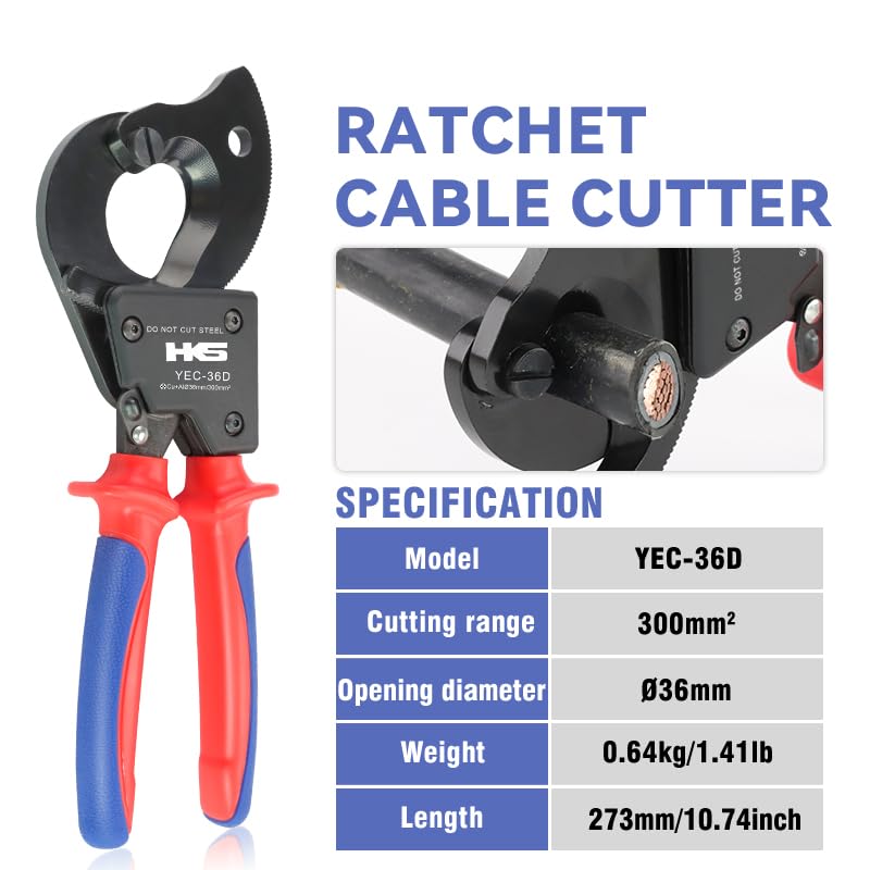 HKS Ratchet Cable Wire Cutter Heavy Duty for Cutting Electrical Aluminum Copper and Multi-core Cables up to 300mm² YEC-36D