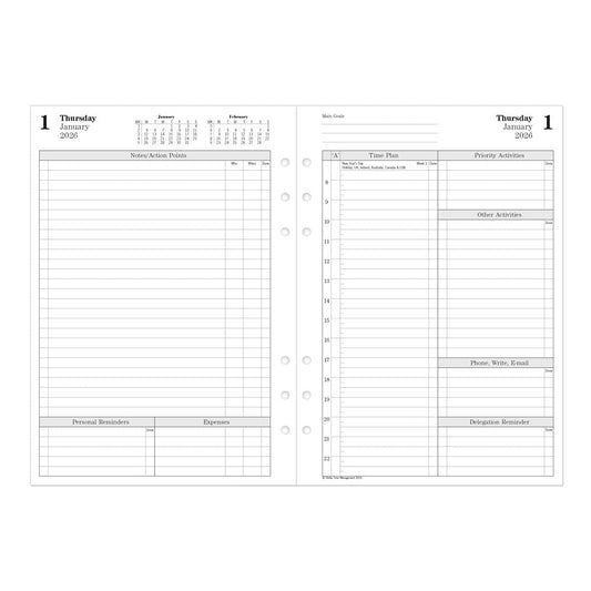 Filofax Calendar Diary Refill, A5 Size, One Day on Two Pages with Appointments, Time Management, White Paper, English, 2026 (CTM7031-26)