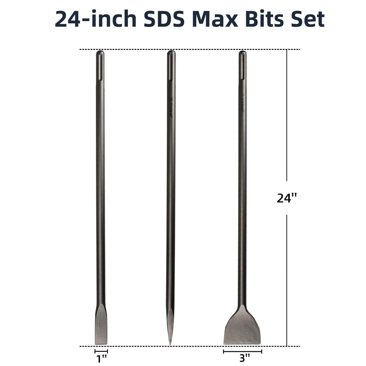 24 Inch SDS Max 3pc Set - 1 Inch Flat Chisel, Point Chisel and 3 Inch Scaling Chisels - Masonry Concrete Drill Bit Set 40Cr Steel SDS Max Bits Rotary Hammer Drill for Brick Stone Concrete