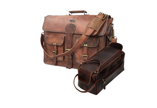 18" Leather Messenger Laptop Bag With Buffalo Toiletry Dopp Kit
