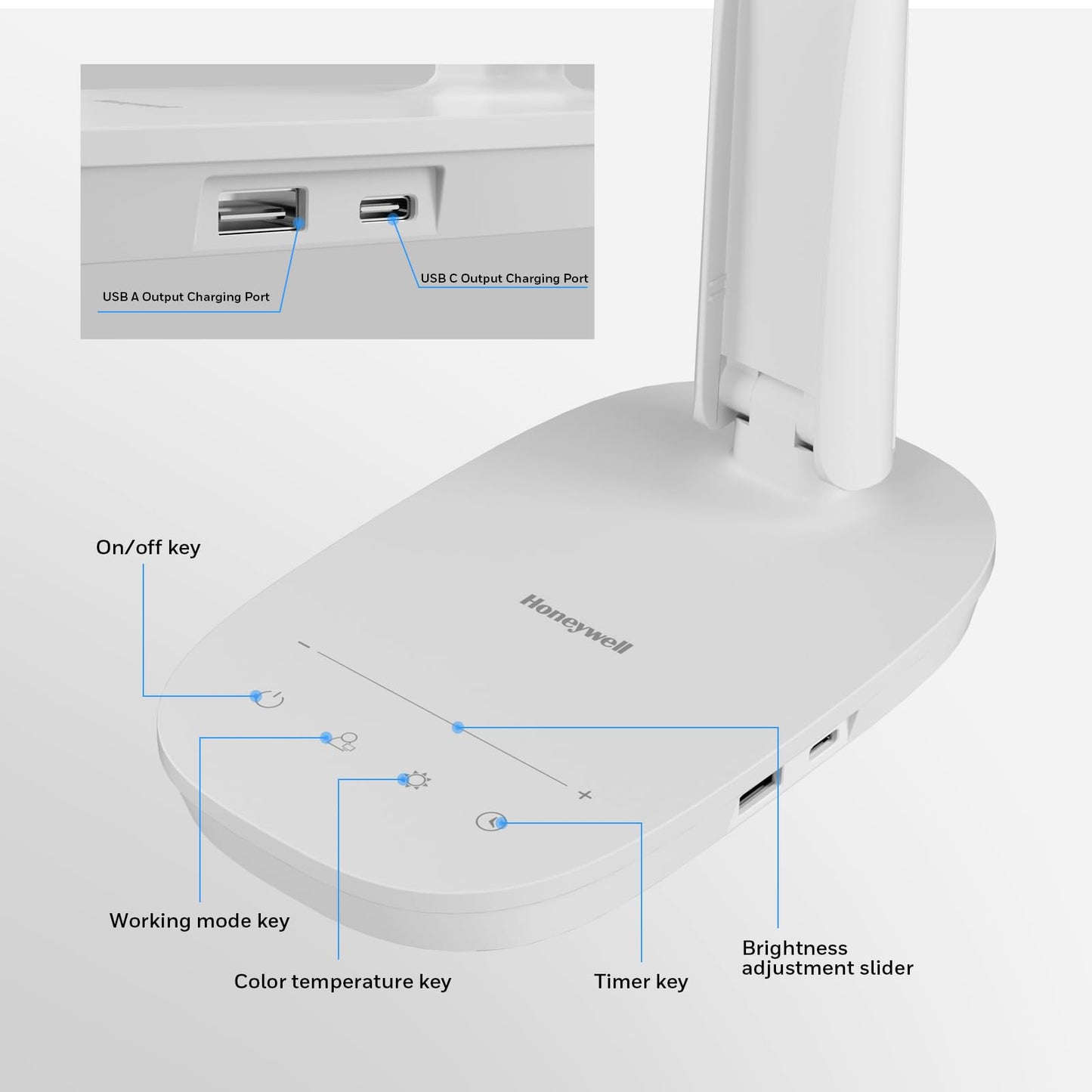 Honeywell HWT-H2 LED Desk Lamp for Home Office, CRI94 Full Spectrum Eye-Caring Light, Dimmable Table Lamp with USB-A & USB-C Charging Ports, Foldable Touch Control Reading Lamp, White