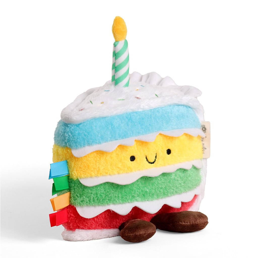 Itzy Ritzy Snuggles Plush Toy – Soft Stuffed Animal for Babies, Kids & Adults – Sensory Ribbons & Textured Fabrics for Tactile Play – Cozy & Cuddly Companion for Newborns & Up (Birthday Cake)