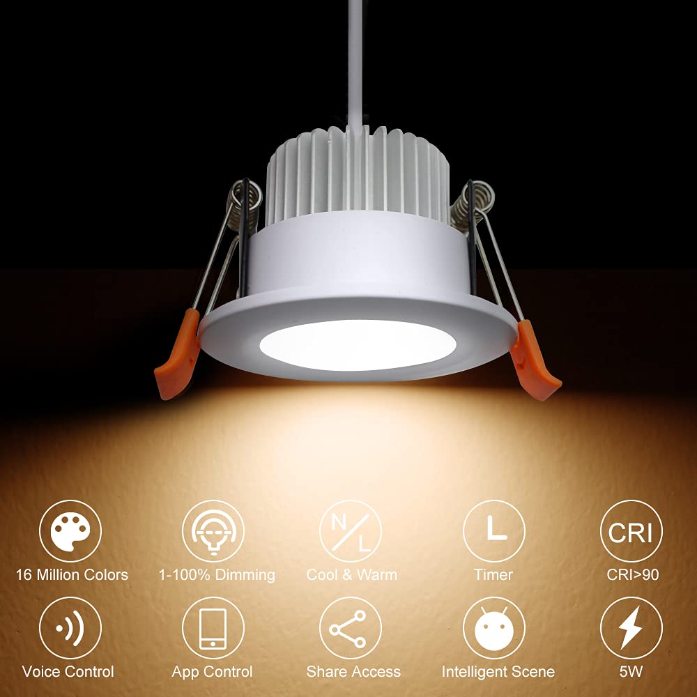 YGS-Tech Smart 2 Inch LED Recessed Lighting RGB WiFi Downlight, 5W Compatible with Alexa and Google Home, Dimmable RGB & CCT 2700-6500K Color Changing, 120V Ceiling Light with LED Driver (4 Pack)