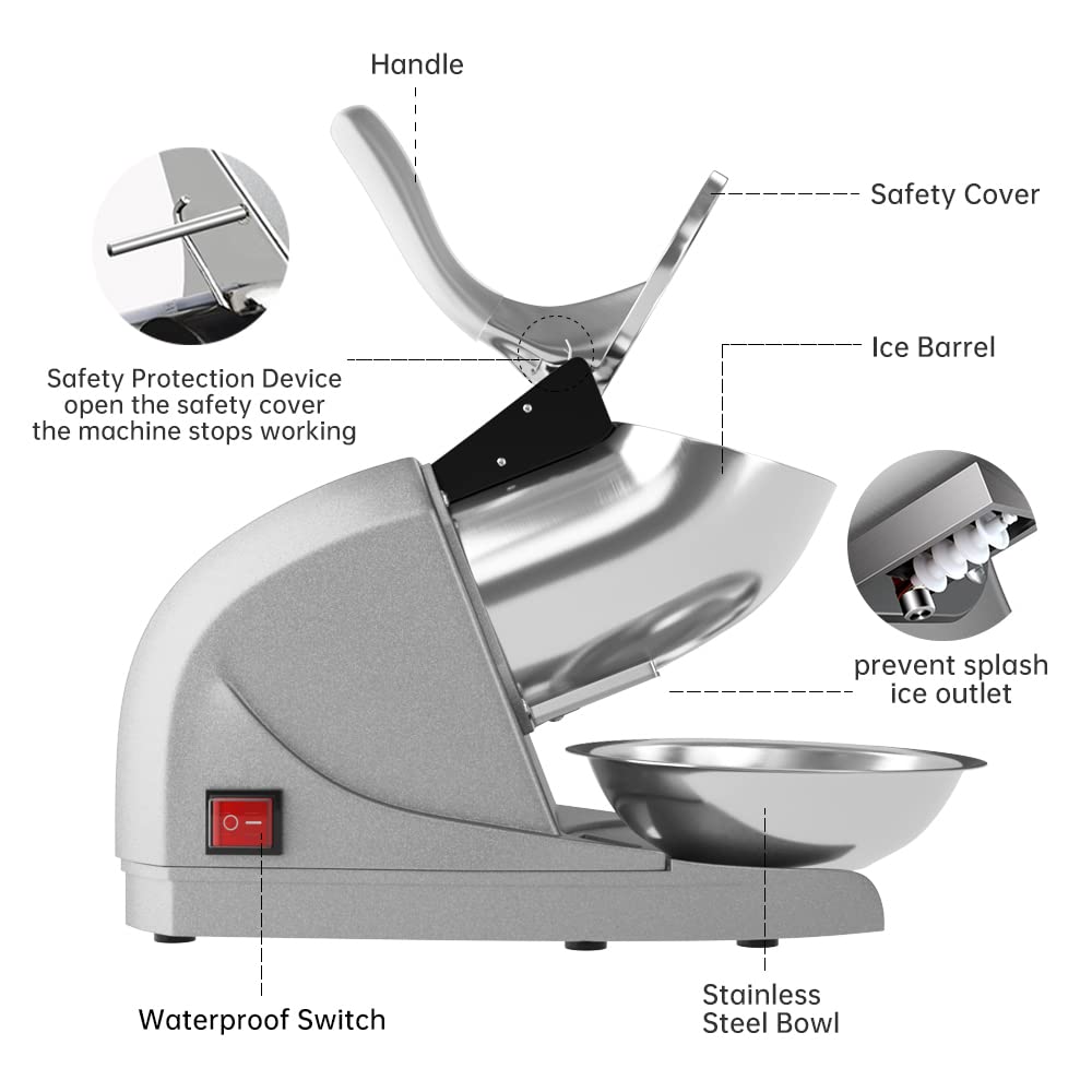 OKF Ice Shaver Prevent Splash Snow Cone Machine, Electric 3 Blades Shaved Ice Machine, 380W Ice Shaver Machine, 286lbs/hr Ice Crushers for Home Use, Ice Shaver Machine Electric, Ice Crusher (Silver)