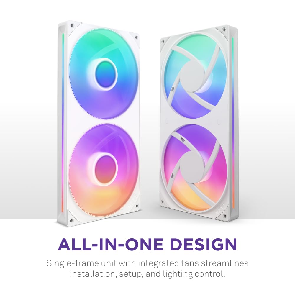 NZXT F280 RGB Core - 280mm Single-Frame Fan Unit with 2 x 140mm RGB Fans - Speed & Lighting Control - High Static Pressure & Airflow - Fluid Dynamic Bearings - 8 aRGB LEDs Per Fan - White