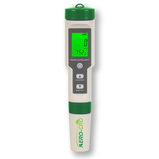AERO-GRO Digital 5-in-1 Meter: 5 Functions: pH, TDS, EC, Salinity%, Salinity ppm, and Temp, IP67 Waterproof, Pen-Type Tester for Hydroponics, Water, Wine, Spas, Aquariums