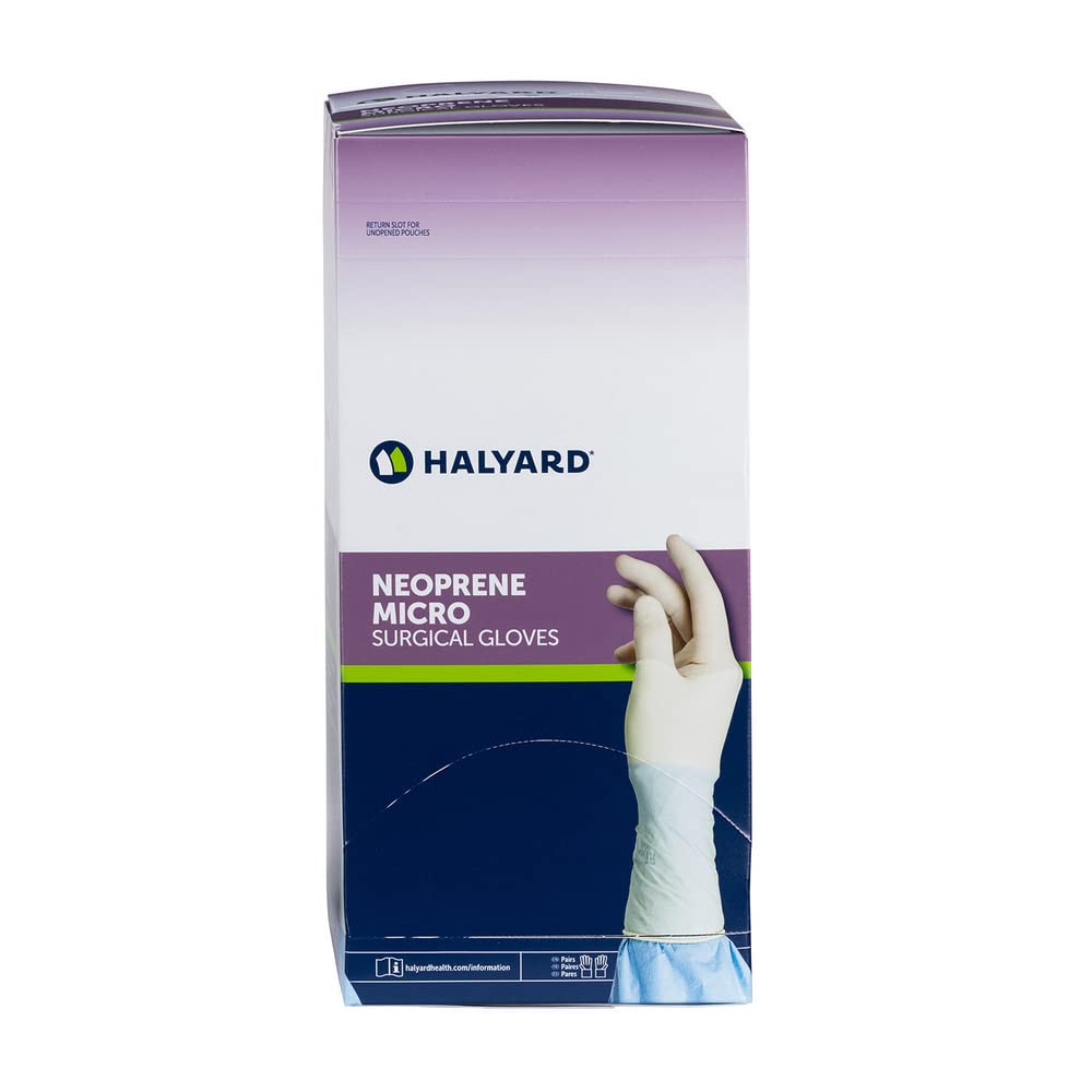 HALYARD Micro Surgical Gloves Sterile Neoprene Individually Wrapped Pairs Powder Free Medical Disposable Gloves, 5.9 mil, Size 7.5 Medium, Cream, SGL85075 (Box of 50 Pairs - 100 Total)