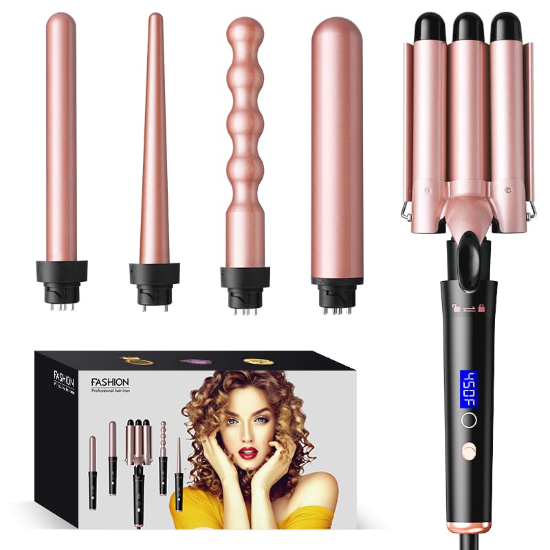 Bo'laiya 5 in 1 Curling Wand Set with Temperature Display, Curling Iron Set with 5 Interchangeable Ceramic Curling Wands, Instant Heat Up, Suitable for All Hair Types (Rose Gold)