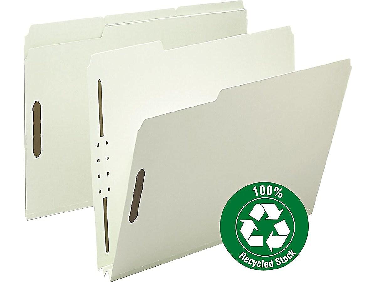 Smead 100% Recycled Pressboard Fastener File Folder, 2 Fasteners, 1/3-Cut Tab, 2" Expansion, Letter Size, Gray/Green, 25 per Box (15004)