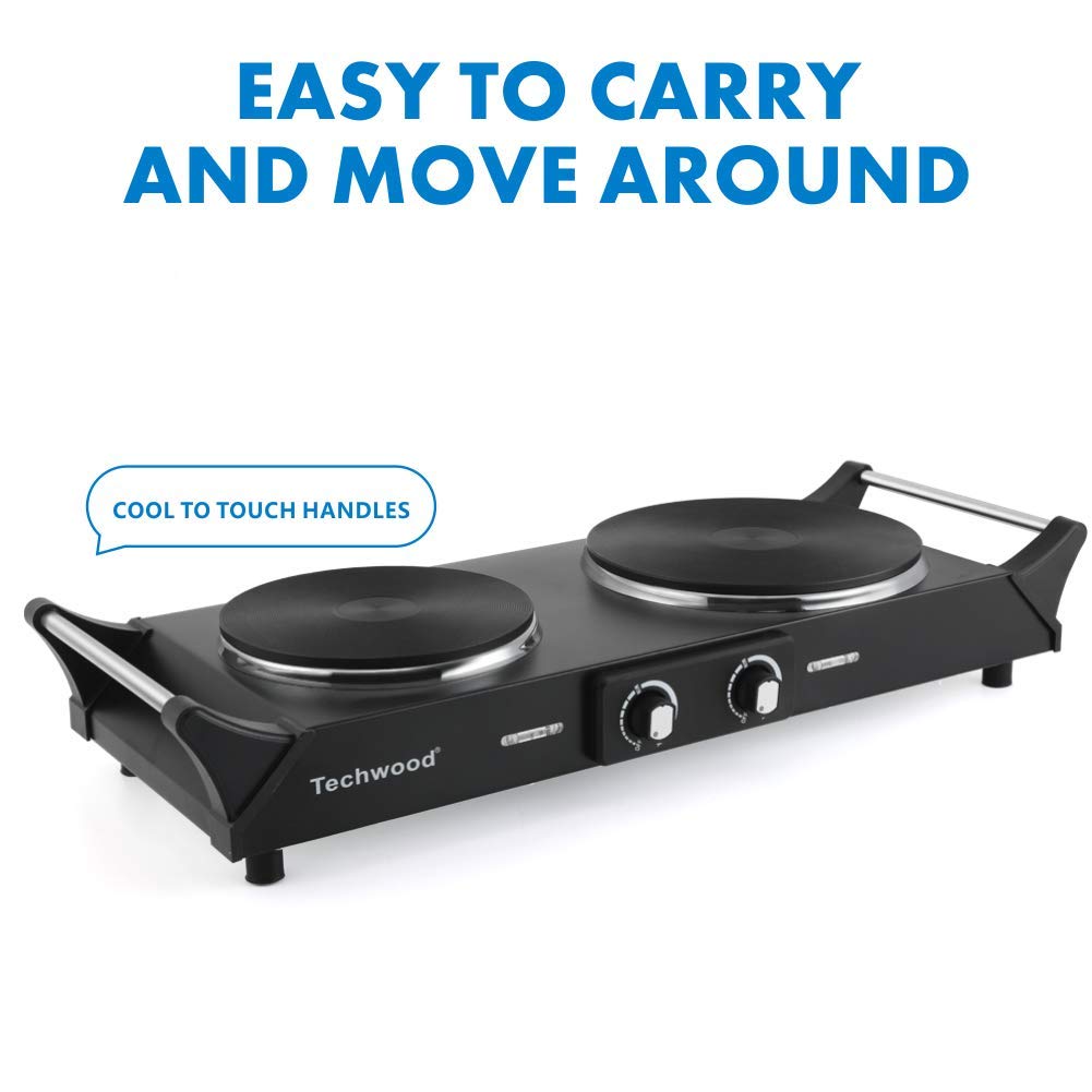 Techwood 1800W Hot Plate Portable Electric Stove Countertop Double Burner with Adjustable Temperature & Stay Cool Handles, 7.5” Cooktop for RV/Home/Camp, Compatible for All Cookwares