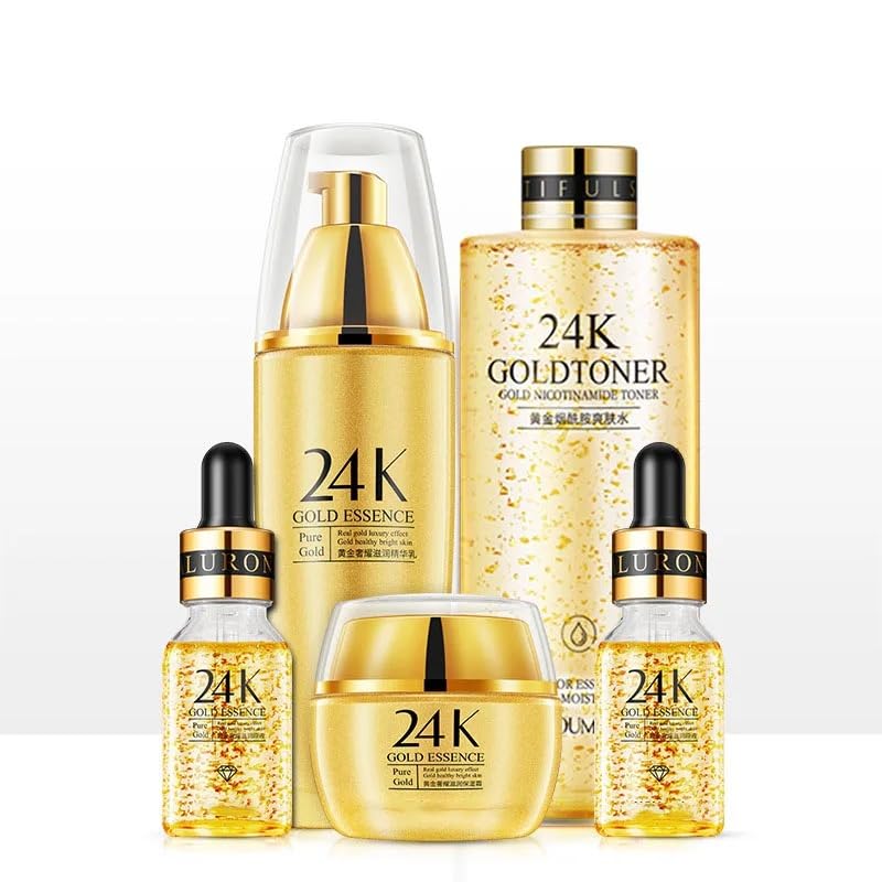 Luxé 24K Gold 5-Piece Skincare Set – Organic Collection with Gold Toner, Essence Milk Serum, Hyaluronic Acid, Collagen, Retinol, Kojic Acid & Vitamin C – Radiance & Luminous Glow for All Skin Types