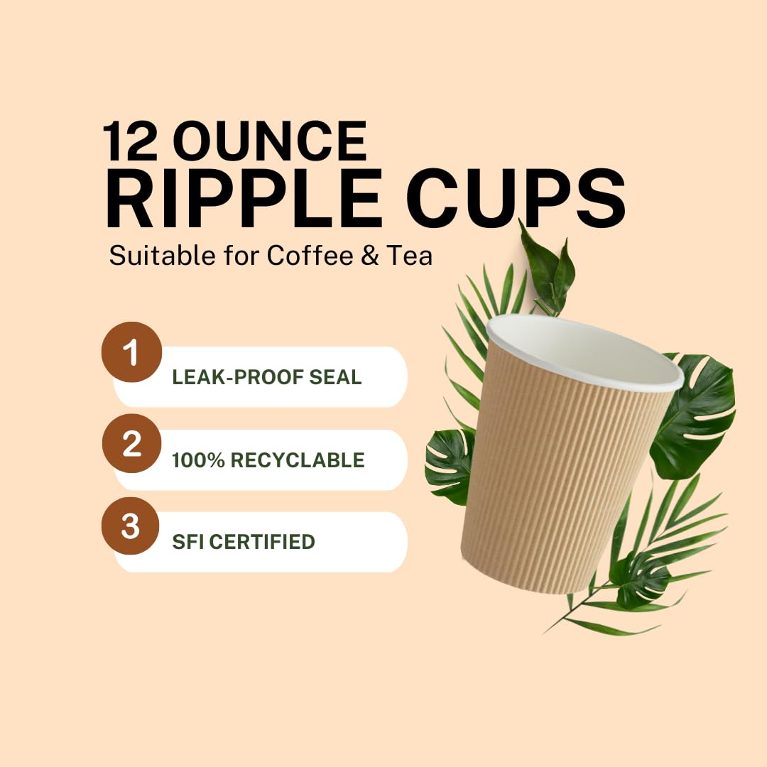 Ripple Paper Cups for Coffee & Tea Made in USA | Bulk for Home, Office, Restaurants & Coffee Shops | Recyclable, Insulated, & Disposable To-Go Cups for Hot Beverages (12oz - 500 Count)
