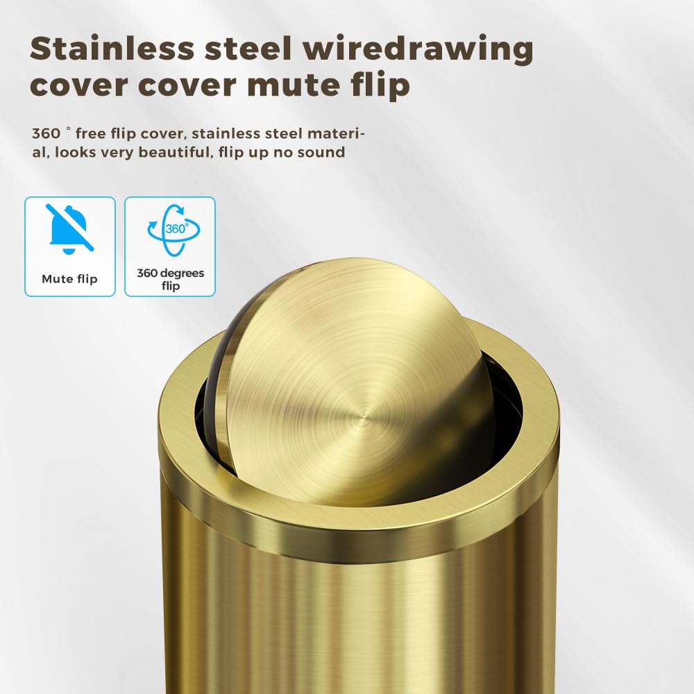 YOJIA 4.7 Gallon/18L Stainless Steel Bathroom Trash Can,Gold Garbage Bin with Swing Lid, Round, Elegant Waste Basket, for Toilet Bathroom Cafe Kitchen Office Hotel Home (18L-Gold)