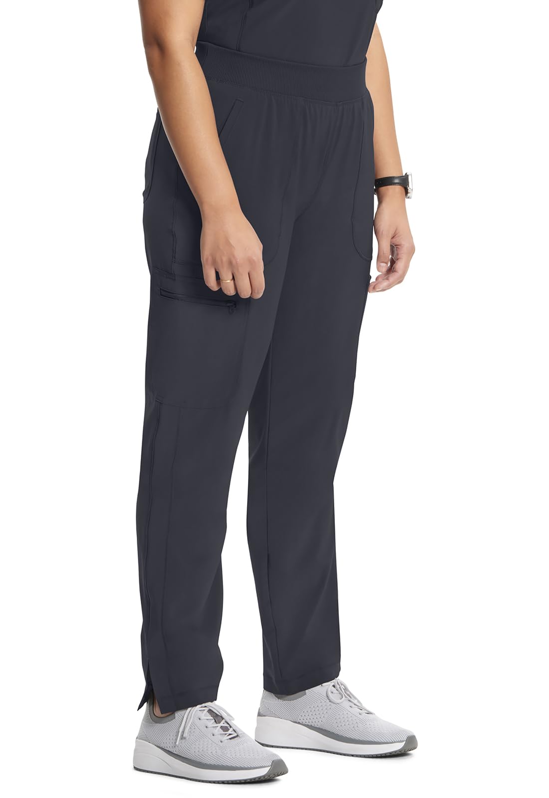 Cherokee Infinity Women's Scrub Pant Mid Rise Tapered Leg Pull-on Bottom with Moisture Wicking & 360° Stretch Fabric CK065A, L, Pewter