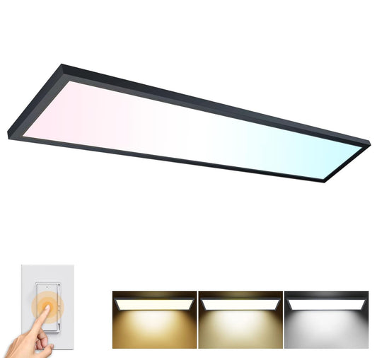 AIKVSXER 1x4 LED Flat Panel Light Surface Mount LED Ceiling, 5500LM 50W TRIAC 10-100% Dimmable, 3000/4000/5000k Selectable Kitchen Ceiling Light Fixtures for Garage/Laundry Black-1PACK
