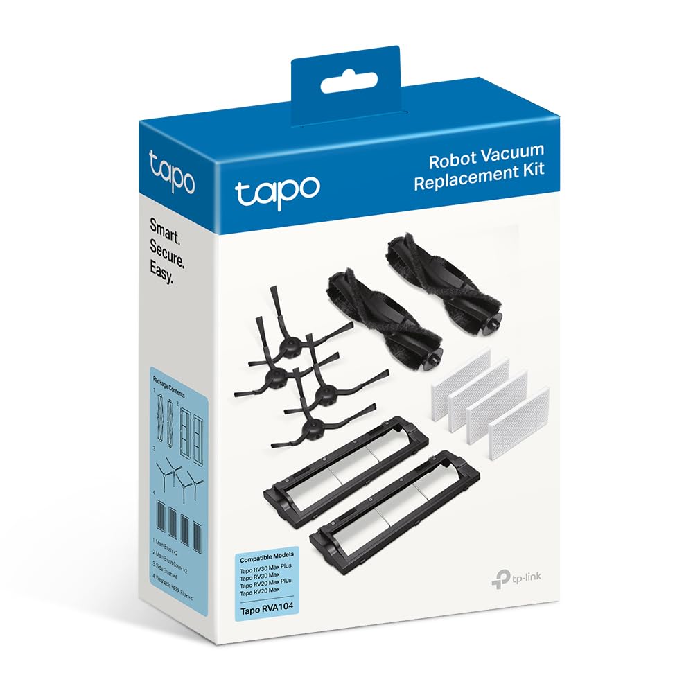 Tapo Robot Vacuum Replacement KIT, Includes Easy to Replace 2x Main Brush and cover, 4x Side Brush, 4x Washable HEPA Filter, Compatible with RV30 Max and Plus, RV20 Max and Plus