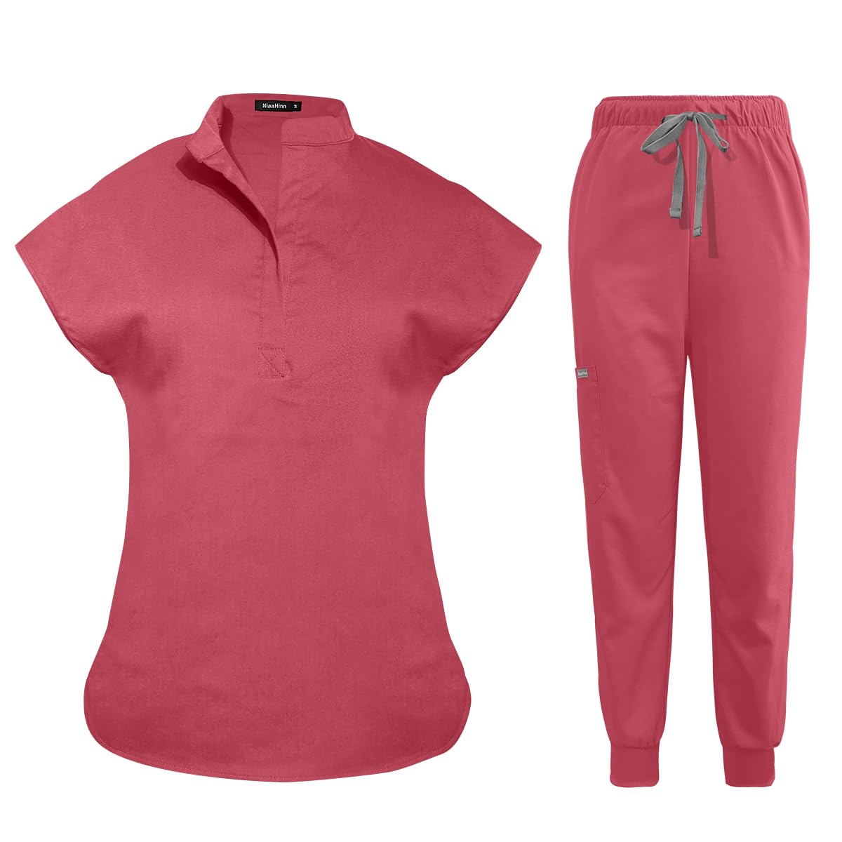 niaahinn Scrubs Set for Women Nurse Uniform Jogger Suit Stretch Top & Pants with Multi Pocket for Nurse Esthetician Workwear (Coral, Small)