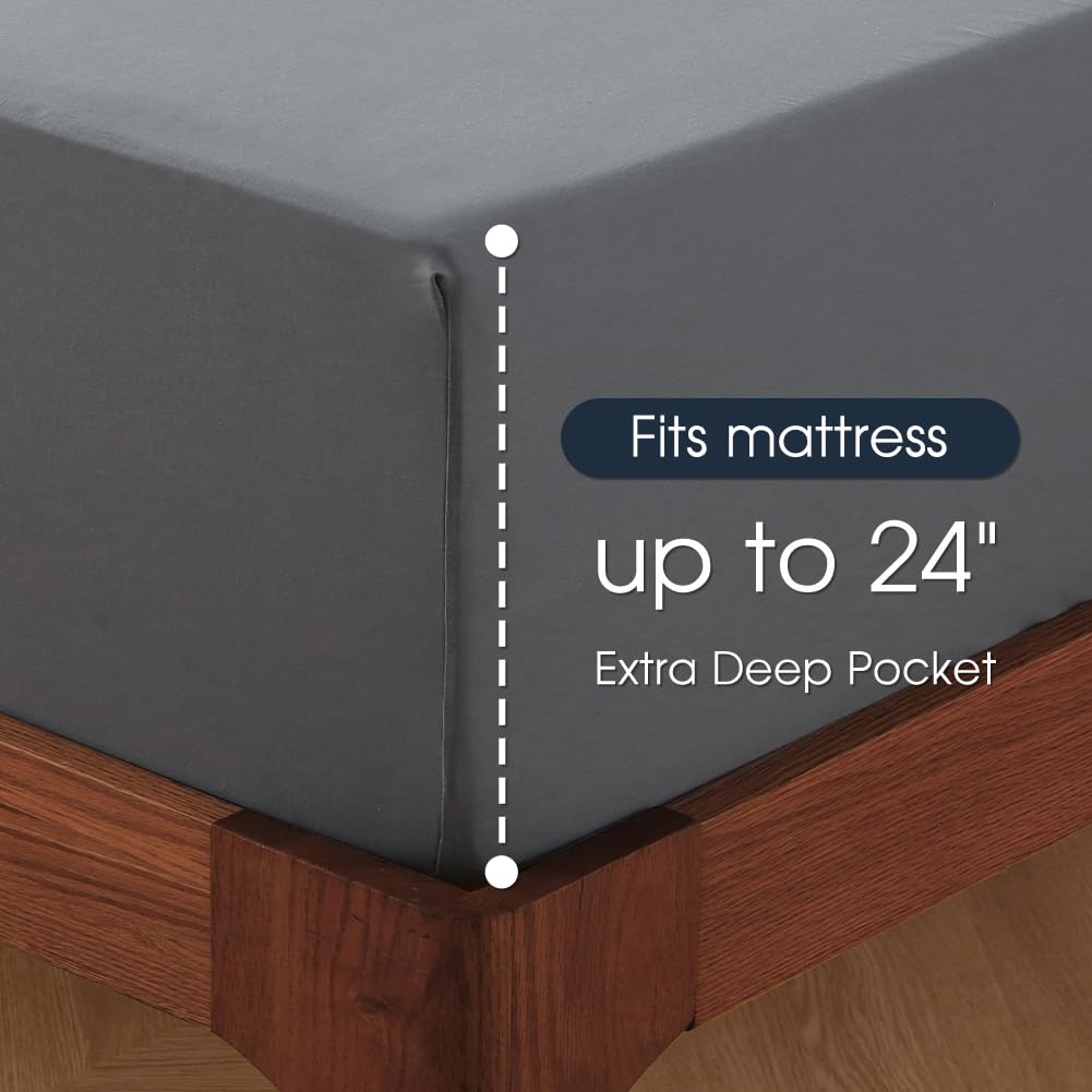 HYPREST Extra Deep Pocket Queen Sheet Sets Fits 18"-24" in Deep Mattress -100% Cotton Queen Sheet Set,Grey Hotel Luxury Soft Wrinkle Free Cooling Sheet Sets for Queen Bed Deep Pocket