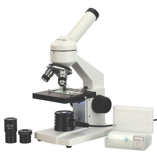 AmScope - M102C-PB10 40X-1000X Biological Compound Microscope with Prepared and Blank Slides for Student and Kids