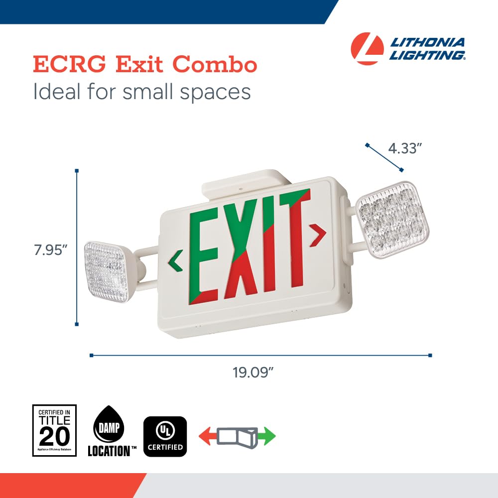 Lithonia Lighting ECRG Basics LED Exit Sign/Emergency Light Combo, Red/Green Switchable Exit Sign and Emergency Lights for Business, 2-Head Fixture, Square Lamp Heads, White (ECRG SQ M6)