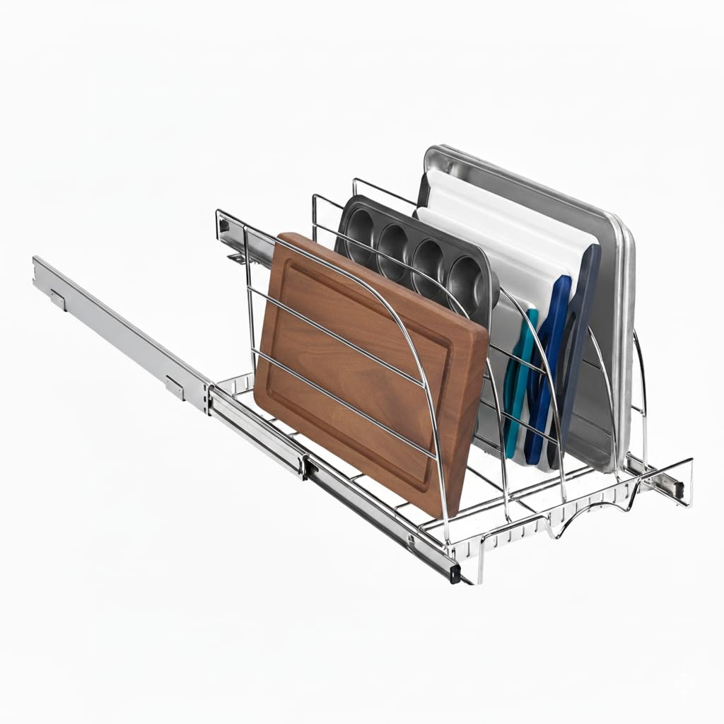 HOLDN’ STORAGE Pull Out Organizer for Bakeware, Cutting Board and Trays, Adjustable Dividers - Heavy Duty, Lifetime Limited Warranty - For Narrow Cabinet Spaces, 12.5”W x 21”D x 11”H, Chrome