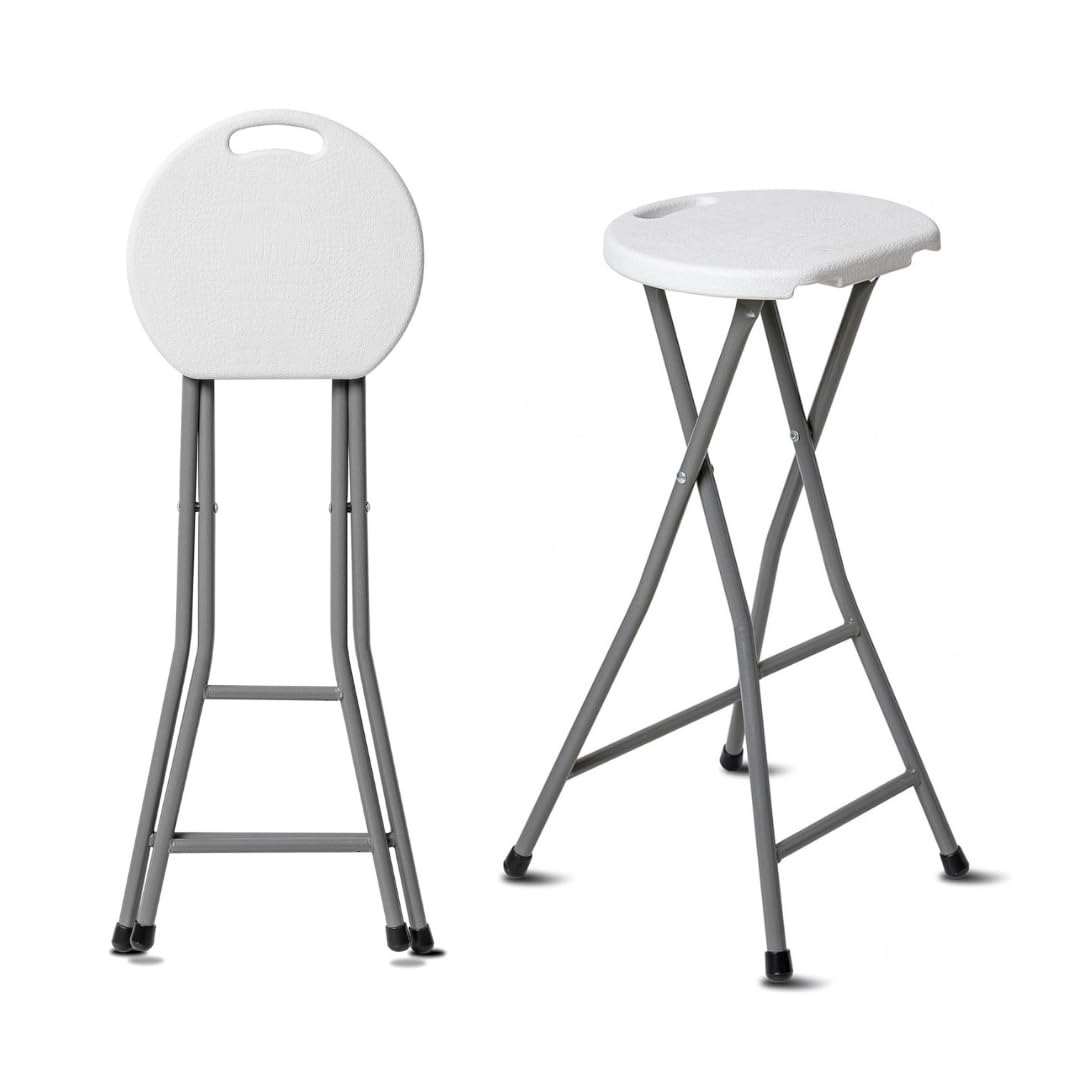 30 Inch Tall Folding Stool Chair | Heavy Duty Plastic Stool Chair | Portable Foldable Bar Height Stools with Handle for Indoor & Outdoor | Bar Stools with Footrest | 300lbs Capacity | White (1)