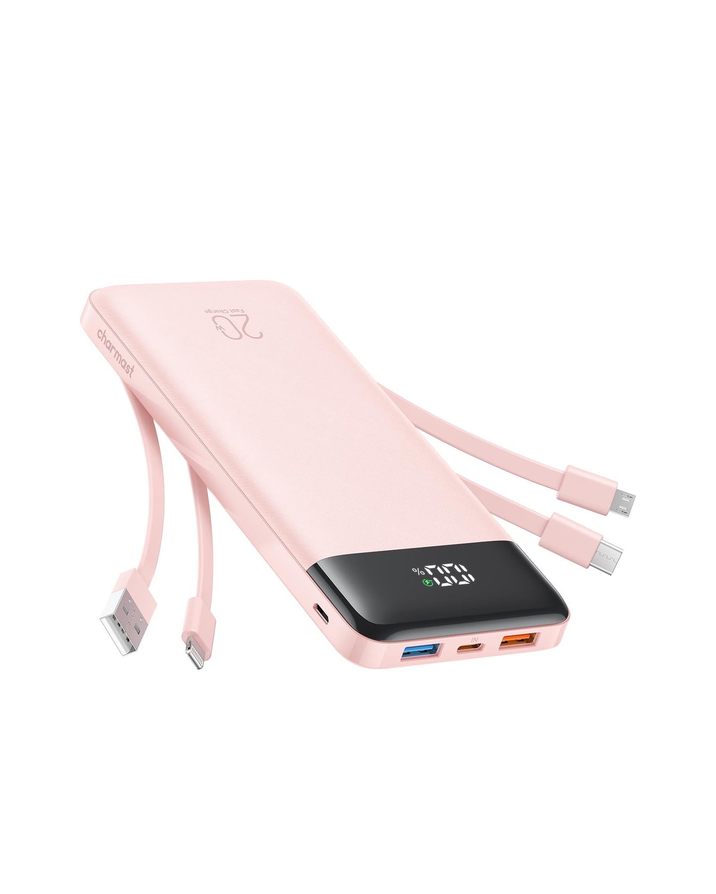 Charmast Portable Charger, 20000mAh Power Bank with Built-in Cables, 20W Fast Charging Travel Essential Battery Pack, LED Display Portable Charger Power Bank for iPhone, Phones, Tablets, More Devices