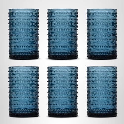 Fortessa Jupiter Beaded Hobnail Glass, 13 Ounce Iced Beverage (Set of 6), Cornflower Blue