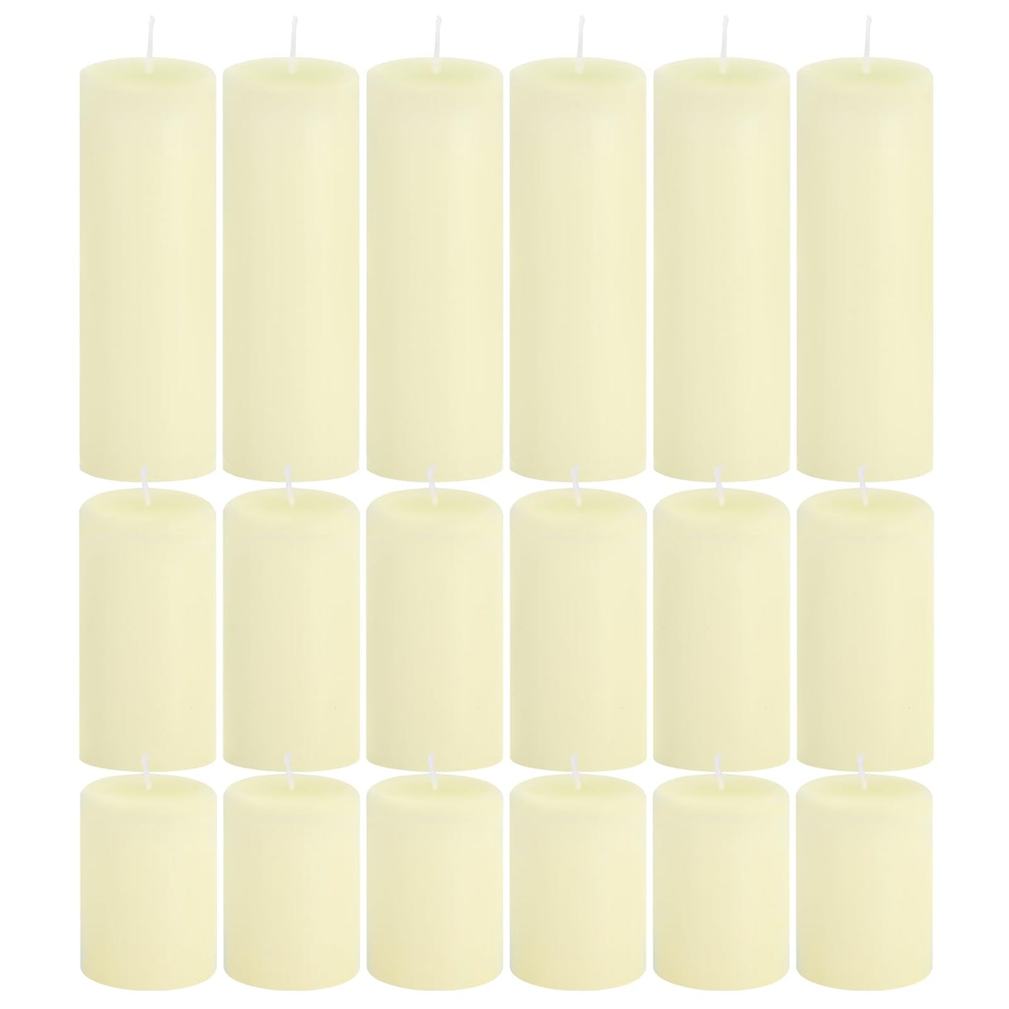 Trxvxo 18 Pcs Ivory Pillar Candles Bulk Set，Hurricane Candles，3 Different Lengths 2 x 3/4/6 Inch (6 Each)，Dripless Unscented Smokeless，Gives You a Better Atmosphere When Organizing an Event Party.