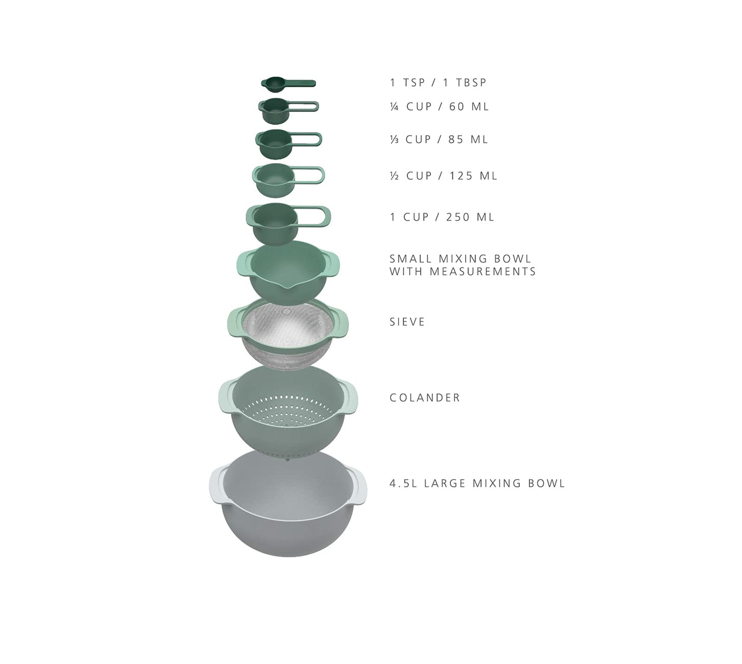 Joseph Joseph Nest 9 Plus, 9 Piece Compact Food Preparation Set with Mixing Bowls, Measuring cups, Sieve and Colander, Editions Range, Sage Green